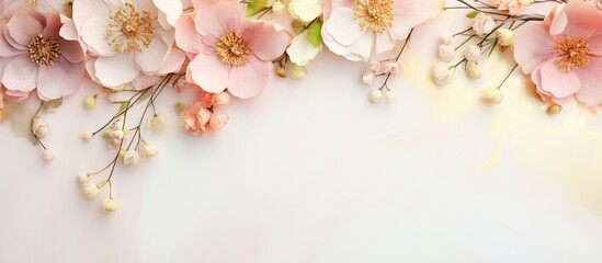 Rings and flowers for wedding decor isolated pastel background Copy space