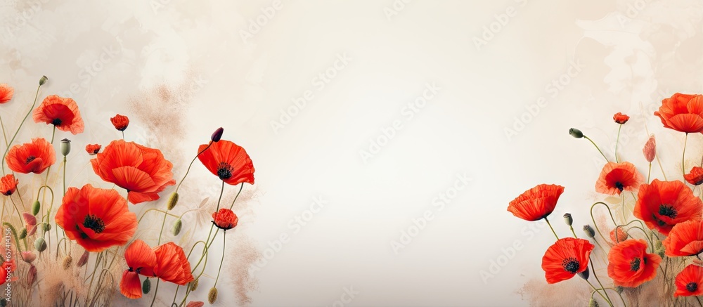 Poster red poppy bouquet with text space wild field flowers empty background isolated pastel background cop