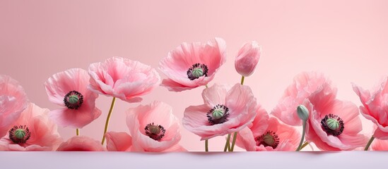 Pink poppy flowers isolated on a isolated pastel background Copy space Deep focus Macro Symbolic of sleep oblivion and imagination - obrazy, fototapety, plakaty