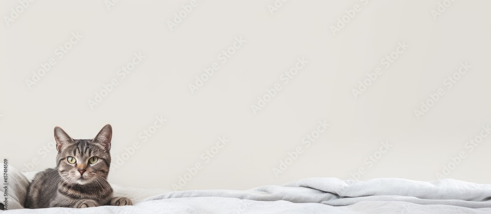 Poster tomcat perched on the mattress isolated pastel background copy space