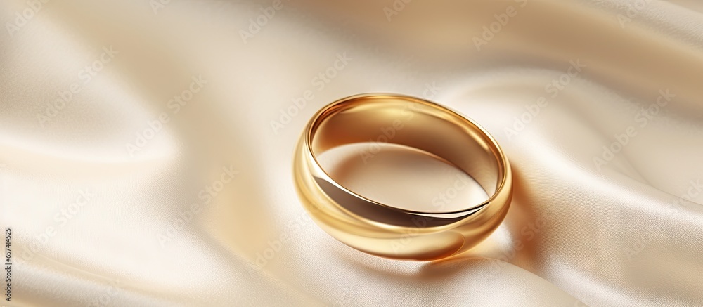 Poster Set of yellow gold wedding rings isolated pastel background Copy space