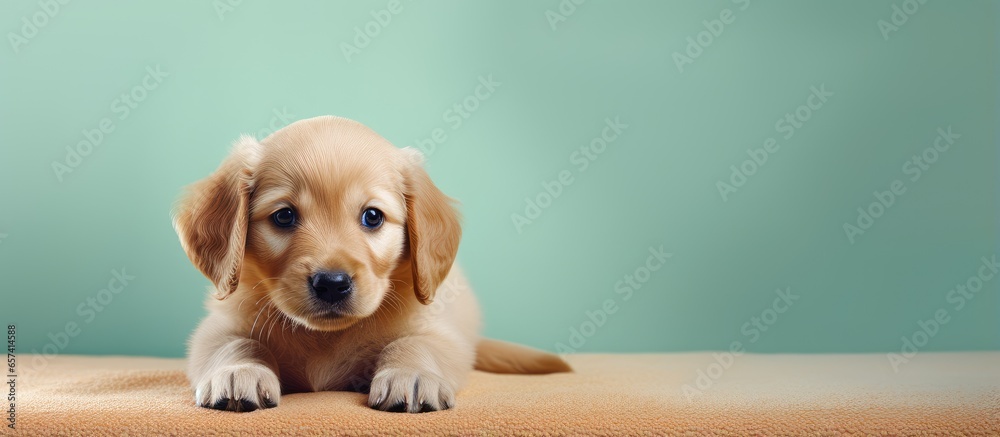 Poster tiny adorable golden retriever puppy isolated pastel background copy space carpet separate isolated 