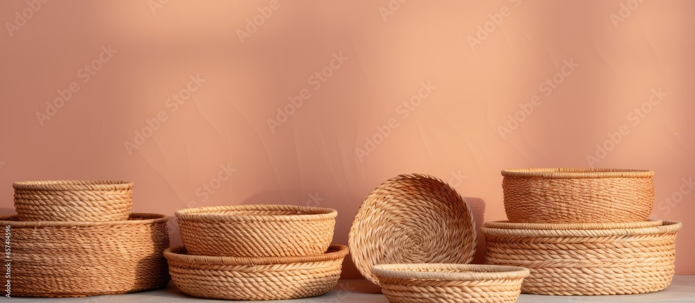 Poster Set of handmade wicker baskets of varying sizes isolated pastel background Copy space