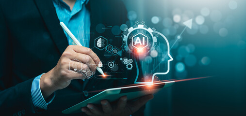 AI tech enhances businesses by processing data, improving decision-making, developing innovative products, automating processes, and boosting competitiveness. future technology - obrazy, fototapety, plakaty
