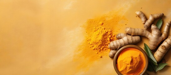 Raw turmeric extracted isolated pastel background Copy space