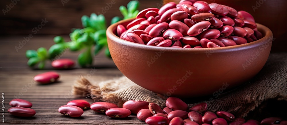 Poster Selective focus on dry adzuki beans in clay bowl on isolated pastel background Copy space en table some in focus some not