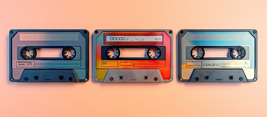 Top view of three retro video cassettes on a isolated pastel background Copy space showcasing 80s...
