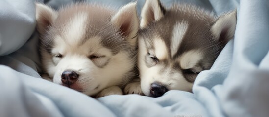 Fototapeta premium Siberian husky pups snoozing beneath a gray cover isolated pastel background Copy space