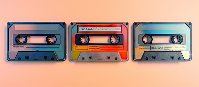 Top view of three retro video cassettes on a isolated pastel background Copy space showcasing 80s technology
