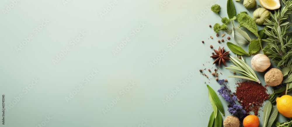 Aufkleber top view of various fragrant spices and herbs on a isolated pastel background copy space