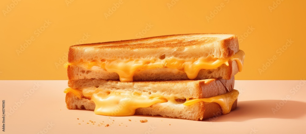 Poster separating a grilled cheese toast with stretchy cheese isolated pastel background copy space