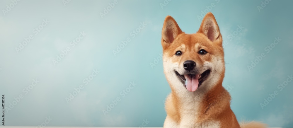 Poster smiling japanese dog sits on a isolated pastel background copy space