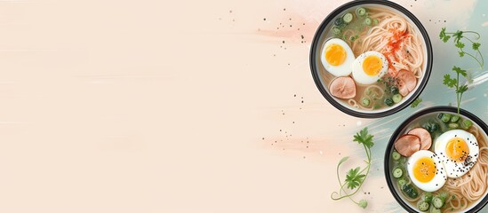 Top view of pork egg and chives in two ramen bowls isolated pastel background Copy space - obrazy, fototapety, plakaty