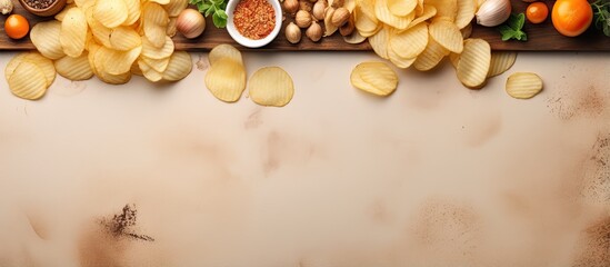 Fototapeta premium Snacks made of potatoes and items used for cooking isolated pastel background Copy space