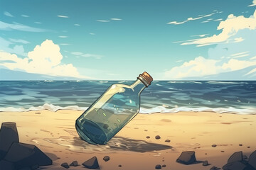 anime style background, a bottle washed by the waves