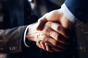 An old man business handshake with a young man for successful of investment dealand city night background, teamwork and partnership concept.