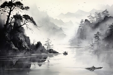 A minimalistic landscape painting in traditional japanese or chinese art style - obrazy, fototapety, plakaty