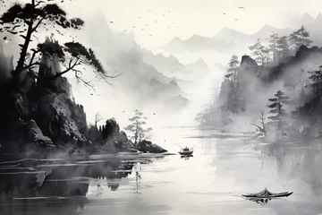 Rolgordijnen A minimalistic landscape painting in traditional japanese or chinese art style © Tarun