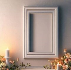 3D computer rendered image of wall  frame on the wall  with flowers and candle, used as moke up With realistic stylish background, 4k