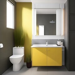 Bathroom interior with a white bathtub with a towel hanging over it, a hardwood floor, gray walls and a loft window. a mockup generative ai.