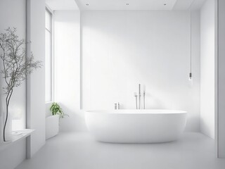 Bathroom interior with a white bathtub with a towel hanging over it, a hardwood floor, gray walls and a loft window. a mockup generative ai.