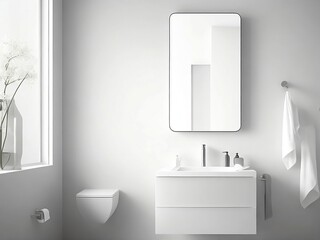 Bathroom interior with a white bathtub with a towel hanging over it, a hardwood floor, gray walls and a loft window. a mockup generative ai.