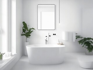 Bathroom interior with a white bathtub with a towel hanging over it, a hardwood floor, gray walls and a loft window. a mockup generative ai.