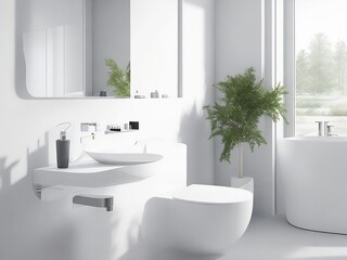 Bathroom interior with a white bathtub with a towel hanging over it, a hardwood floor, gray walls and a loft window. a mockup generative ai.