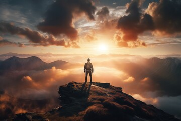 Fototapeta premium Man standing on top of the mountain and looking at the sunset