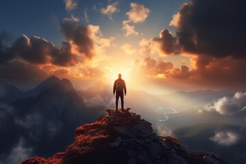 Fototapeta premium Man standing on top of the mountain and looking at the sunset
