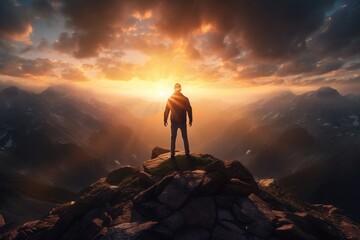 Man standing on top of the mountain and looking at the sunset - obrazy, fototapety, plakaty