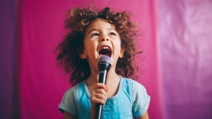 Girl singing with microphone - obrazy, fototapety, plakaty