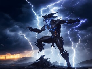 An image of a mutant with the ability to manipulate electricity, generating a dazzling storm of lightning bolts that dance across the stormy skies, illuminating the war-torn landscape below.