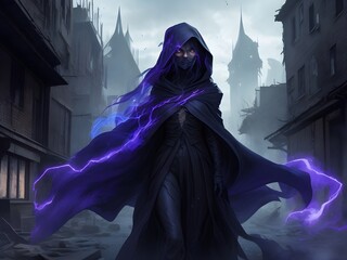 A haunting portrait of a cloaked mutant with the ability to phase through matter, their ghostly form passing through the remnants of buildings, leaving a trail of shimmering energy.