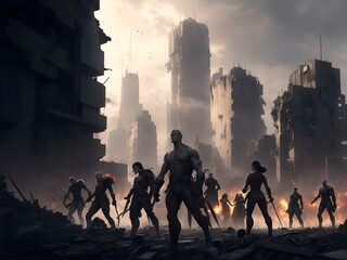 A scene where a group of mutants come together, each wielding their unique powers in perfect harmony, creating a formidable force against the backdrop of a cityscape scarred by the ravages of war
