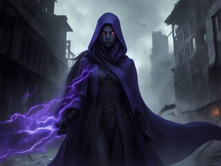 A haunting portrait of a cloaked mutant with the ability to phase through matter, their ghostly form passing through the remnants of buildings, leaving a trail of shimmering energy.