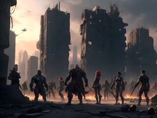 A dystopian metropolis, ravaged by war, serves as the battleground for a group of mutants, each harnessing their unique abilities in perfect unison.