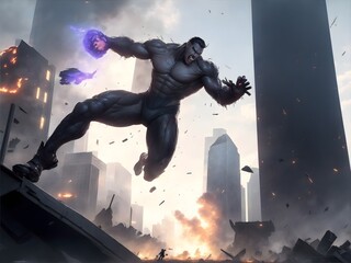 A striking scene where a mutant with the power of telekinesis hurls massive debris towards an airborne adversary, their clash shattering the remnants of skyscrapers in the background