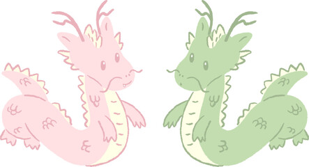 Smiling cute dragon, textured hand-drawn illustration set / 笑顔のかわいい辰(ドラゴン)、テクスチャのある手描きイラストセット