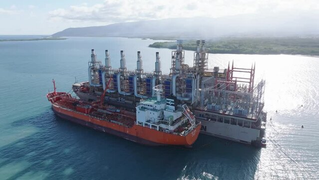 Aerial View Of Dry Cargo Ship At MV Karadeniz Powership Dogan Bey, A Floating Power Plant In Azua, Dominican Republic.