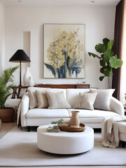 beautiful living room interior with white sofa and paintings
