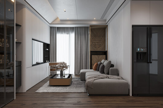 Empty space decorated For a living area with Modern Furnishings, Sofa, Laminated Floor