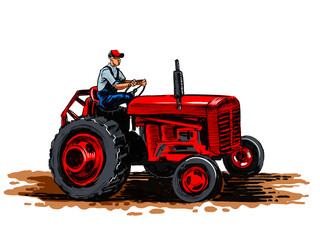 Farmer driving vintage red tractor. Hand-drawn ink on paper and hand colored on tablet