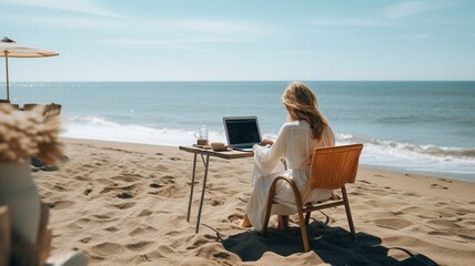 Digital nomad woman working on laptop at the beach
