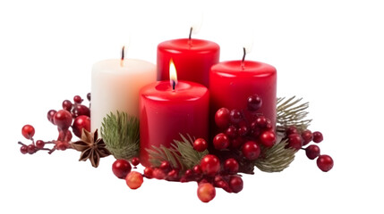 Burning candles with Christmas decor isolated on transparent background. Adventsgesteck IV.