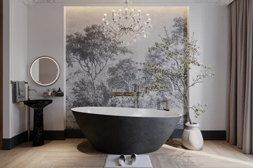 Foto op Canvas Open Bath Place in Bedroom Where interior with Exclusive Bathtub, Sink, Mirror and Chandelier, Wall Painting, 3D rendering © CGI