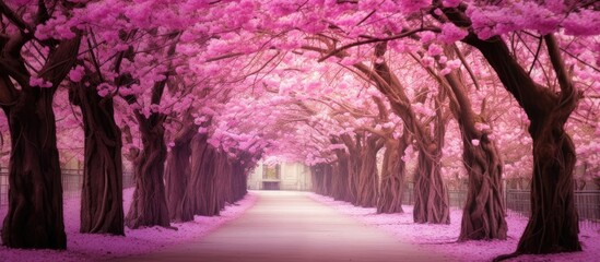 Pink flower trees form a romantic tunnel