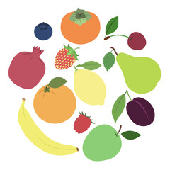 A set of fruits and berries apple,pear,pomegranate,plum,blueberry,strawberry,persimmon,banana,cherry,lemon,orange,raspberry,isolated on a white background.