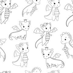 Seamless pattern with cute dragon with crown on white background. Outline vector cartoon character. Childish line illustration