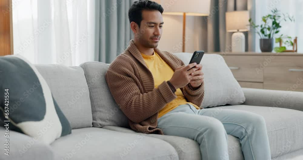 Poster home cellphone, relax and man typing communication, social network post or contact online user. loun